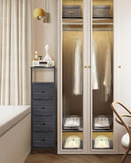 Narrow Dresser for Bedroom, Fabric Tall Dresser & Chests of Drawers with 4 Drawers, Vertical Organizer Storage Tower Unit for Bedroom, Hallway, Entryway Black Wood Grain