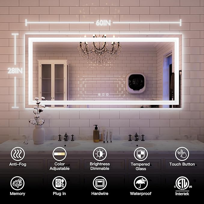 ISKM 60'' x 28'' LED Mirror for Bathroom Lighted Vanity Mirror for Wall Front Lights + Backlit LED Bathroom Mirror Anti-Fog Tempered Glass ETL Listed