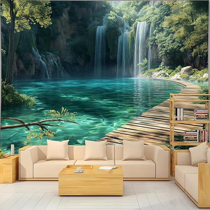 BSFHH Nature Tapestry Forest Tree Sea Cave Wall Hanging, Stream Through Rainforest Landscape Wall Art Tapestry for Bedroom Living room (Waterfall, 59" × 51", Unframed)