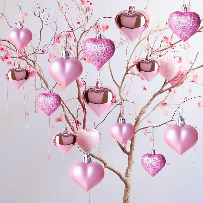 24PCS Valentines Day Heart Ornaments, Pink Heart Shaped Ornaments, 2 Sizes Heart Hanging Ornaments, Glossy Heart Baubles Hanging Decorations for Valentine's Day Wedding Anniversary Home Party Decor