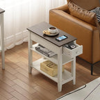 ChooChoo Side Table Living Room, Narrow End Table with Drawer and Shelf, 3-Tier Sofa End Table for Small Space, White and Brown