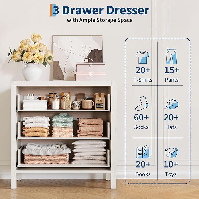 GarveeHome 3 Drawer Dresser for Bedroom, Chest of Drawers, Closet Dresser Storage Cabinet Organizer for Bedroom, Living Room, Hallway & Office