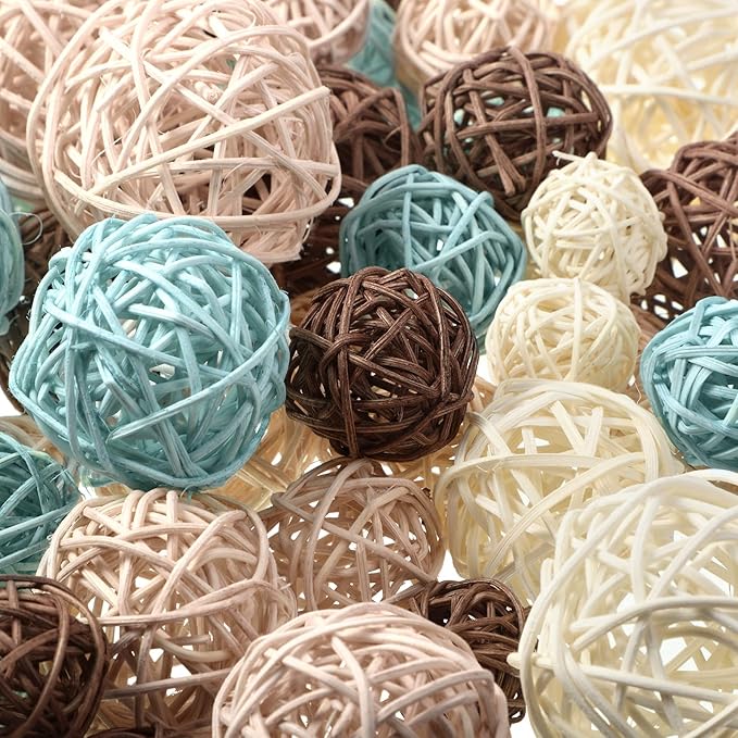 Patelai 72 Pcs Wicker Rattan Balls Decorative Balls for Vase Centerpiece Bowls Orbs Filler for Spring Summer Craft Home Decor, 4 Sizes(Light Blue, Light Brown, Dark Brown, White)