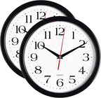 Bernhard Products Black Wall Clocks, 2 Pack Silent Non Ticking 10 Inch Quality Quartz Battery Operated Round Easy to Read Home/Office/School Clock