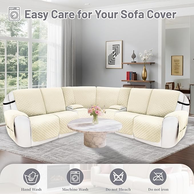 Recliner Sofa Covers 100% Waterproof Velvet L Shape Recliner Couch Covers for Dogs Pets Washable Anti Slip Recliner Slipcovers with Pockets (5 Seat Sofa with 2 Console, Ivory White)