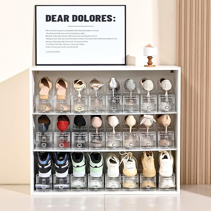 Shoe Slots Organizer，12Pack Clear Shoe Stackers for a Pair of Shoes,Adjustable Shoe Rack with Three Levels，Shoe Storage Shoe Space Saver