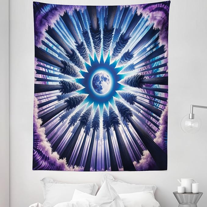 Ambesonne Trippy Tapestry Twin Size, Indigo Tones Outer Space Featuring Moon with Psychedelic Abstract Woods, Wall Hanging Bedspread Bed Cover Wall Decor, 68" X 88", Pale Fuchsia Sea Blue