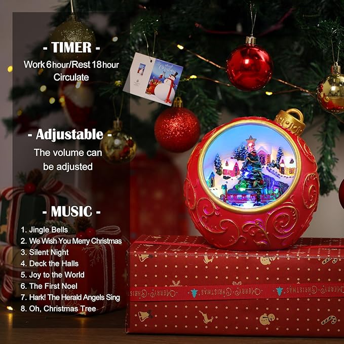 Christmas Village Scene Animated Rotating Train LED Lights Christmas Decorations Music with Volume Adjustment USB/Battery Timer Collectible Buildings Figurines Globe Gifts