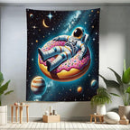 Ambesonne Funny Astronaut Tapestry Twin Size, Spaceman Floating on a Donut Through the Galaxies Planets Moon, Wall Hanging Bedspread Bed Cover Wall Decor, 68" X 88", Petrol Blue Pink Orange