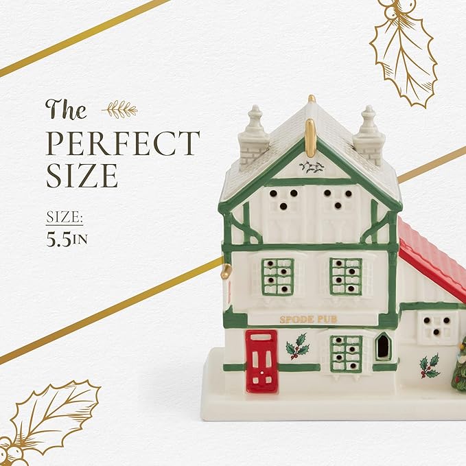 Spode Christmas Tree Miniature Figural LED Lighted Ceramic Dolomite Christmas Collectible for Indoor Display (Public House)