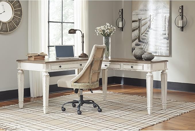 Signature Design by Ashley Realyn French Country 3-Drawer 2-Piece Home Office Desk with Spring Lift Top, USB Ports and AC Plug-Ins, Dark Brown & White