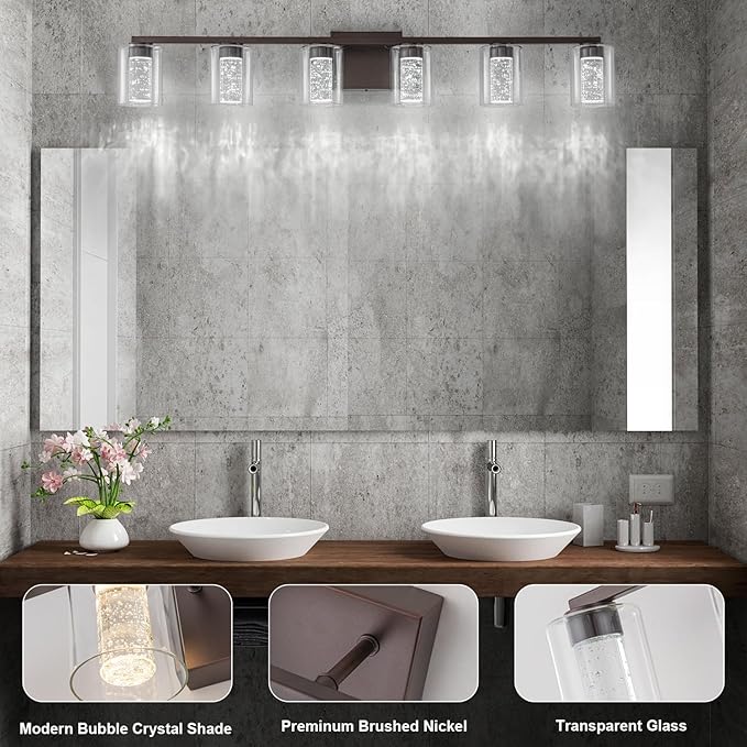 SineRise 6-Light Bronze Vanity Light with 3 Color Modes (3000K/4000K/6000K), Eye Protection LED Bathroom Light Fixture, Dimmable Modern Wall Light Over Mirror with Clear Glass Shade