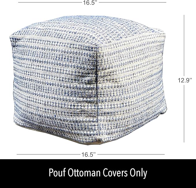 Chardin home UNSTUFFED Ottoman, Cozy & Bohemian Pouf Covers, Hand Crafted Casual Seating, Footrest, Square Floor Pillow for Home, Office, Bedroom, Living Room, 16.5" x 16.5"x 12.9", Blue-Off White