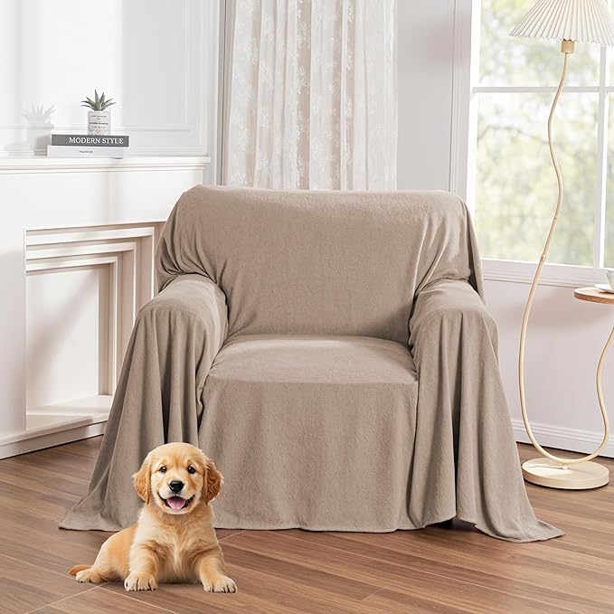MYSKY HOME Armchair Couch Cover, Sofa Covers Washable Couch Covers for Dogs Sofa Cover Sofa Slipcovers Non Slip Furniture Protector Cover, Soft Thick Sofa Throws, 71" x 91", Khaki