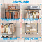 Homdox Heavy Duty Clothing Rack with 3 Tier Adjustable Wire Shelves, Garment Racks for Hanging Clothes, Double Rods Clothing Rack, Freestanding Closet Wardrobe with Side Hooks, Black