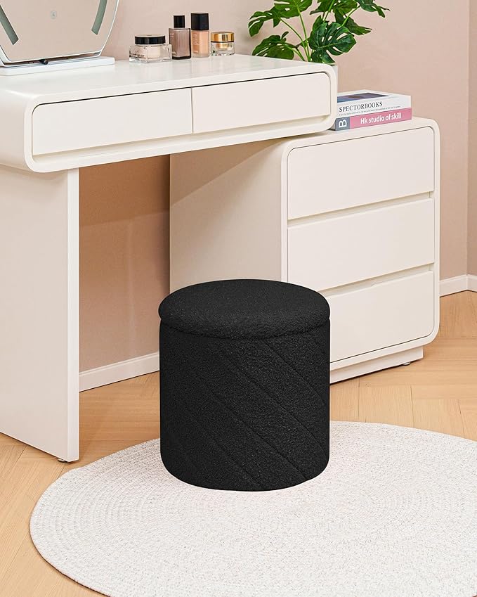 Round Ottoman with Storage, Boucle Foot Rest Stool with Reversible Tray Lid, Folding Teddy Ottoman Coffee Table for Dorm Living Room Bedroom Entryway, Black,13" x 13" x 13.8"