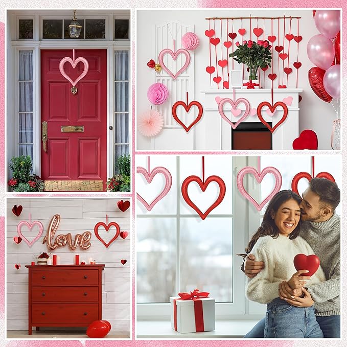 Aneco 8 Pieces Valentine's Day Heart Hanging Ornaments for Tree 9.45 Inch 3D Heart Shaped Decorations Glitter Foam Hearts Wreath for Wedding Valentine Front Door Wall Home Decor