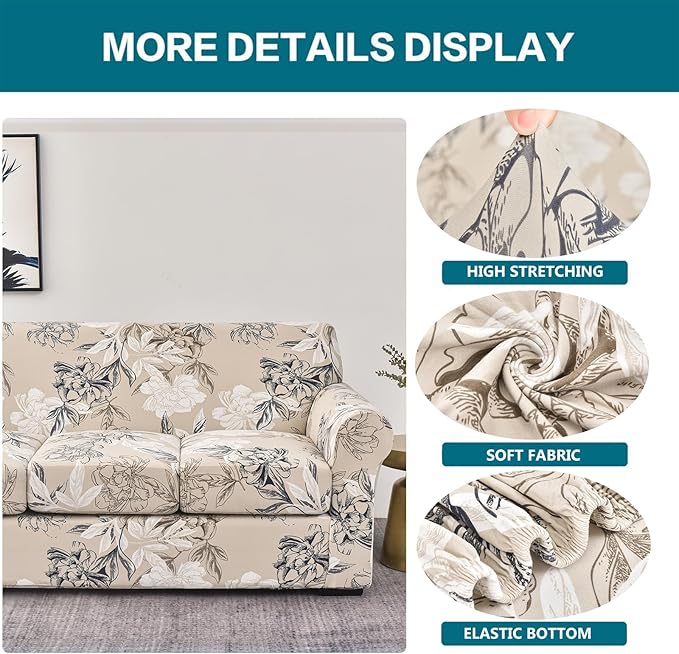 KRFOONN 4 Piece Stretch Sofa Couch Covers for 3 Cushion Couches Printed Sofa Slipcover with 3 Separate Seat Cushion Covers Washable Sofa Slip Covers Furniture Protector for Pets Kids (Large, 26)