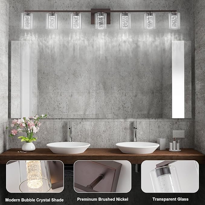 SineRise 7-Light Bronze Vanity Light with 3 Color Modes (3000K/4000K/6000K), Eye Protection LED Bathroom Light Fixture, Dimmable Modern Wall Light Over Mirror with Clear Glass Shade