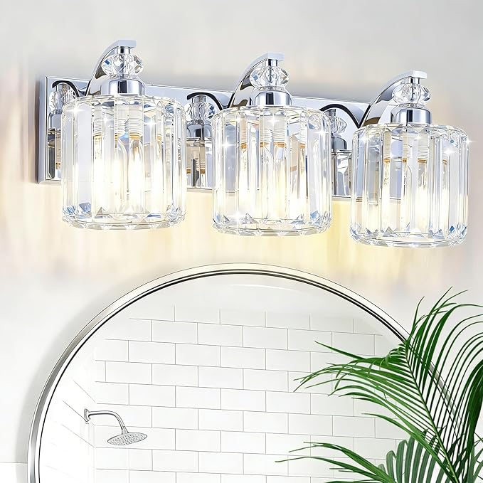 3-Light Modern Bathroom Light Fixture Chrome Vanity Lights Over Mirror Wall Sconce Lighting with K9 Crystal Shades Bathroom Wall Lamp E26 Base for Bedroom, Living Room, Hallway, Cabinet