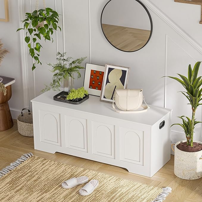 DINZI LVJ Storage Chest, 50” Extra Large Storage Bench with 2 Safety Hinges, Wooden Toy Box with Flip-Top, Large Trunk for Living Room, Playroom, Easy Assembly, White