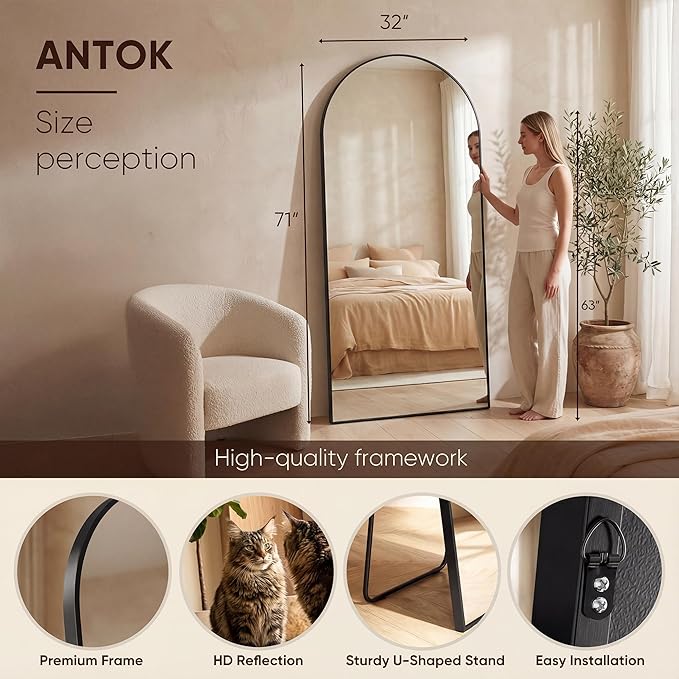 Antok Full Length Mirror, 71"x32" Floor Mirror, Arched Floor Standing Freestanding Arch Full Body Mirrors with Stand for Bedroom, Hanging Mounted for Living Room Cloakroom,Black