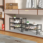 2 Tier Bamboo Shoe Rack for Closet Free Standing Wood Shoe Shelf for Entryway Small Space Stackable 27"x11"x13" (Black)