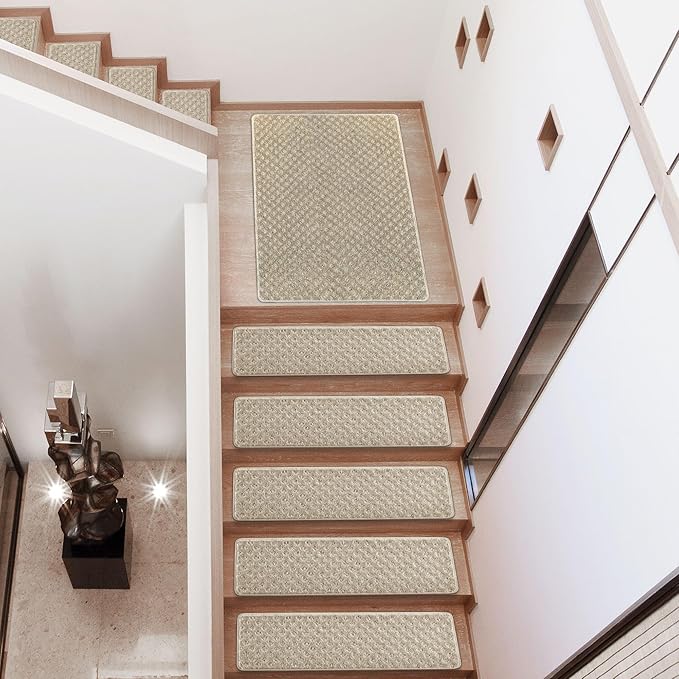 PURE ERA Carpet Stair Treads Tape Free Non Slip Indoor Stair Carpet Stair Protectors Pet-Friendly Non-Slip Skid Resistant Washable Reusable 8" x 30"(2 Pieces,Cream Gray Mini-Diamond Trellis)