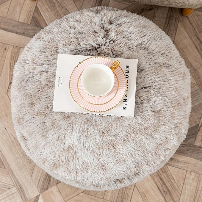 Stuffed Ottoman with Modern High Density Foam Faux Fur Pouf Stool Round Foot Stool Cushion Storage Ottoman 20 * 12''Floor Pouf Ottoman Foot Rest for Living Room (Snow Coffee)