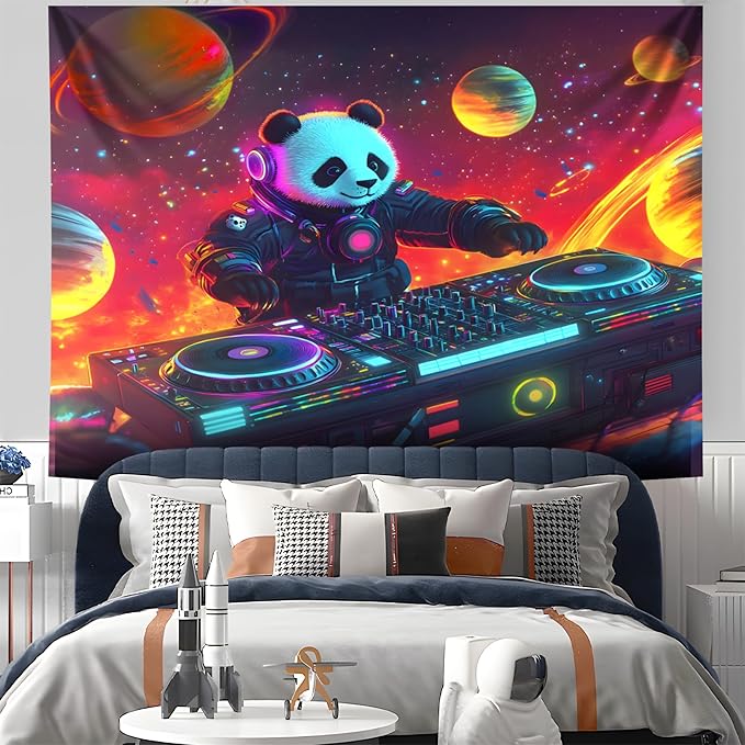 NYZE Panda Space Tapestry for Bedroom, Music Wall Tapestry, Party Decor Glow in the Dark Room Decor Tapestries, Cool Galaxy Planet Wall Hanging, Wall Hanging for Room Dorm 59in×51in