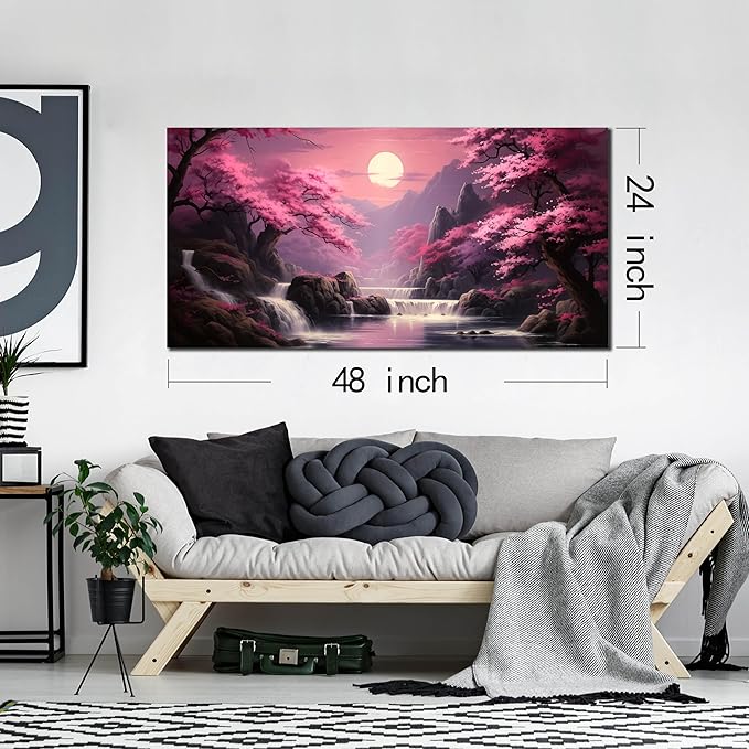 Landscape Wall Art for Living Room Bedroom Office Pink Wall Art Moon Lake Mountain Pictures Modern Artwork Framed Wall Decor Canvas Prints 24x48 In