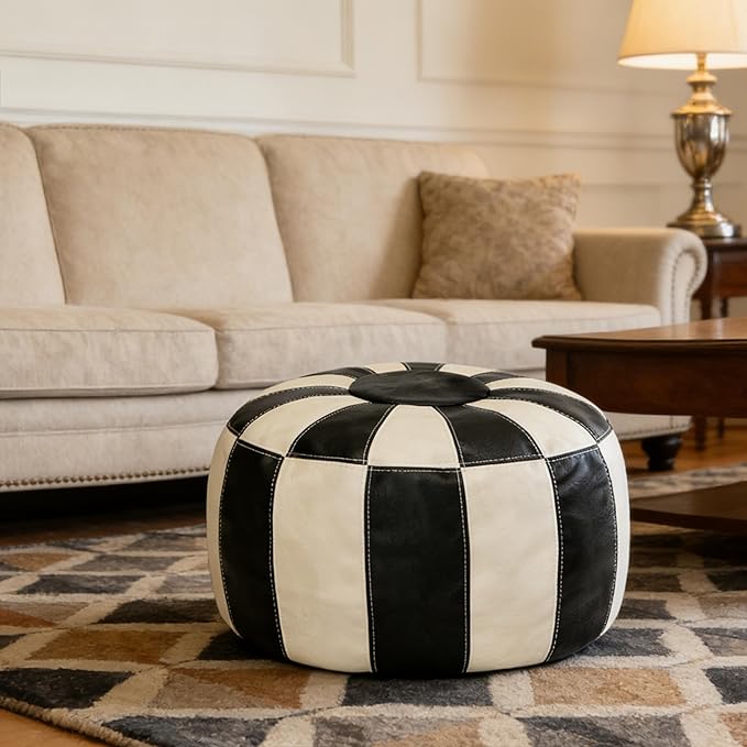 Thgonwid Unstuffed Moroccan Ottoman Pouf Cover, Ottoman Footstool Storage Solution, Bean Bag Chair, Foot Rest, Multi-Black&White
