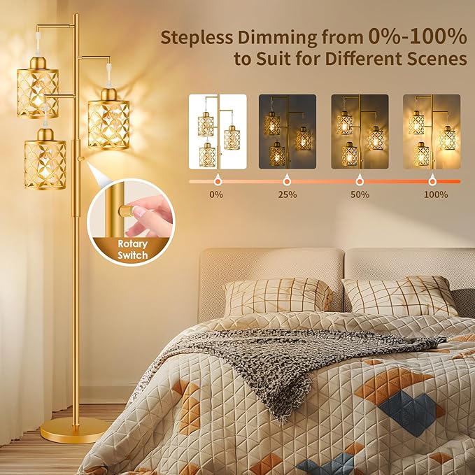【Upgraded】72" Tall Dimmable Floor Lamp, Modern Standing Lamp with Elegant Metal Cages, Industrial Tree Floor Lamps for Living Room, Bedroom, Study Room, Office (3 x 800LM LED Bulbs Included) - Gold