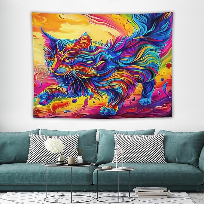 VUMIVI Colorful Cat Tapestry Pet Oil Painting Print Rainbow Colorful Abstract Art Pattern Tapestry Wall Hanging for Living Room Bedroom Dorm Classroom Aesthetic Decor W80xL60in