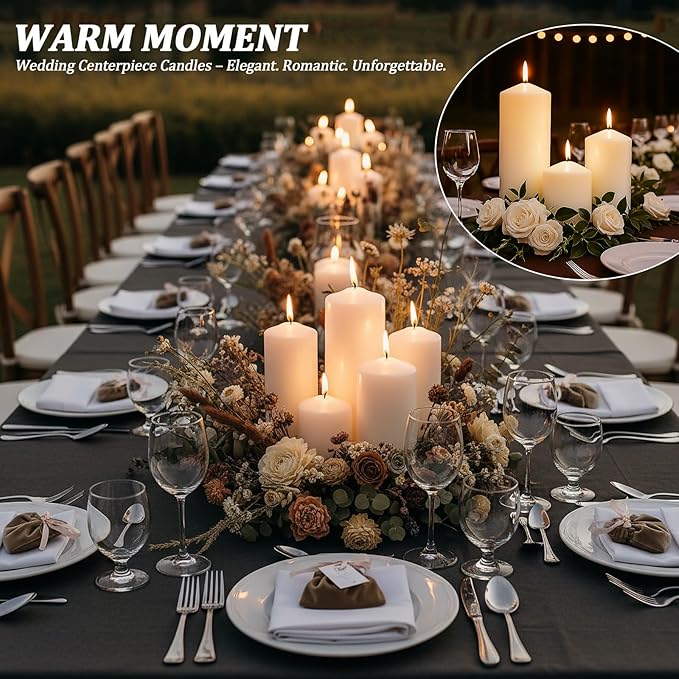 12 Pack Ivory Pillar Candles Bulk Set, 3x3 3x6 3x8 Inch - 4 Each Size, Dripless Smokeless Clean Burning for Wedding Centerpieces, Home Decor, Church, Romantic Ambiance！