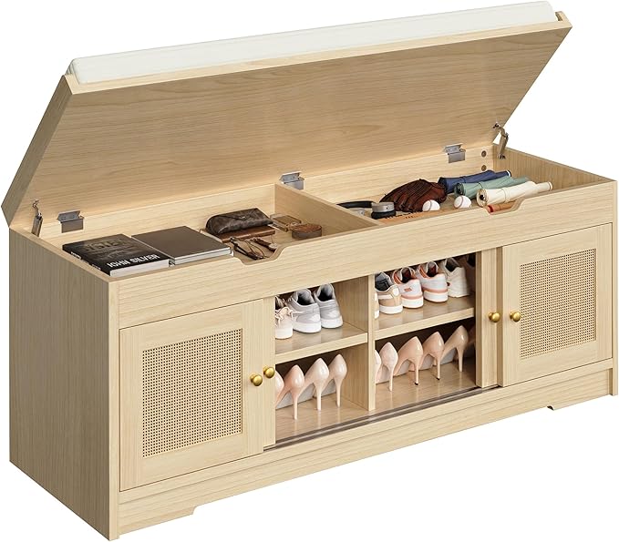 LIKIMIO 47.2" Shoe Bench with Lift Top Storage, Entryway Bench with Cushioned Seat, 2-Tier Rattan Shoe Cabinet with Adjustable Shelf, Storage Bench for Bedroom, Living Room, Hallway, Natural