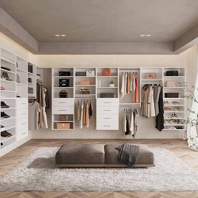 ROOMTEC Modular Closet System, 72" Wall-Mounted Closet Organizer with Hanging Rods, Modern Wooden Tower for Walk-In Closets, Wardrobe Storage Kit, White