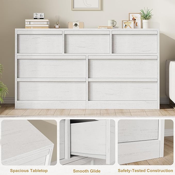 GarveeHome 7 Drawer Dresser for Bedroom, 54in Wide Antique White 7 Chest of Drawers with Large Storage, Wooden Dresser Organizer for Living Room, Nursery, Entryway