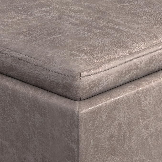 SIMPLIHOME Rockwood Cube Storage Ottoman with Tray - 17 inch Wide Upholstered Vegan Leather Square Storage Ottoman in Distressed Grey Taupe, Contemporary Cube Ottoman for Living Room with Serving Tray