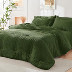 HYMOKEGE Olive Green Queen Comforter Set Seersucker 7 Pieces, All Season Luxury Bed in a Bag Queen for Bedroom, Bedding Set with Comforter, Sheets, Pillowcases & Shams
