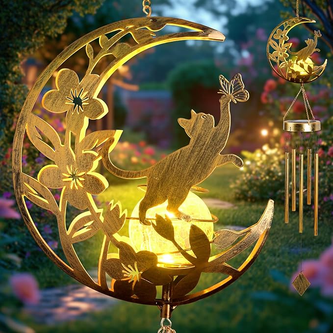JOBOSI Solar Moon Cat Decorative Light Gift, Solar Moon Cat Decorative Wind Chime with Light, Gifts for Women Mom Grandma, Garden Lawn Decor, Christmas & New Year Gift