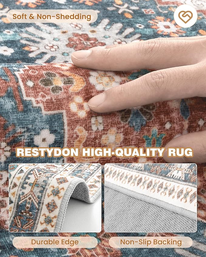 Washable Runner Rug 2.5x16, Non-Slip Long Kitchen Mats for Floor, Vintage Rug for Entryway, Soft Hallway Runner for Dining Room, Bedroom, Living Room(Blue/Red,2.5'x16')