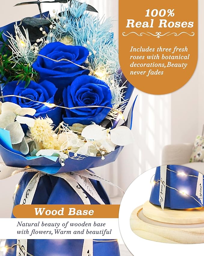HVY Preserved Real Flowers Bouquet Gifts for Her,Forever Flowers Gift for Women,Preserved Blue Rose in Glass Dome with LED Light Ideal for Christmas,Birthday,Anniversary,Valentine's Day, Mother's Day