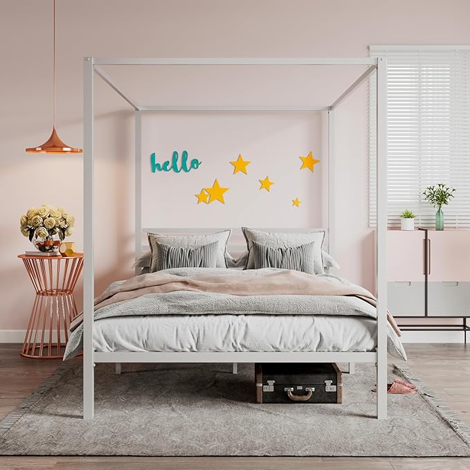 SHA CERLIN Canopy Bed Frame Full Size/Mattress Foundation with Metal Slats Support/No Box Spring Needed/Easy Assembly/White