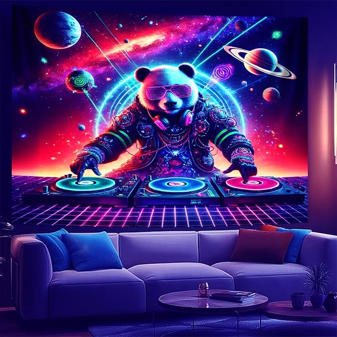 NYZE Blacklight Tapestry Panda Music Wall Tapestry Art Party Banner Colourful Poster Design Tapestries for Hip Hop College Dorm Room Bedroom Wall Decor 59in×51in