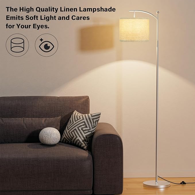 60" Floor Lamps for Living Room with 3 Color Temperatures, Adjustable Grey Shade with Silver Pole, Tall Lamps for Living Room Bedroom Office Classroom Dorm Room, 9W Bulb Included