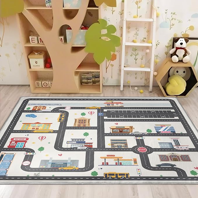 4x6ft Kids City Road Car Play Rug - Non-Slip Faux Wool Carpet with Interactive City Map Design, Educational Toy Vehicle Mat for Kids, Bedroom Playroom Nursery Gift.