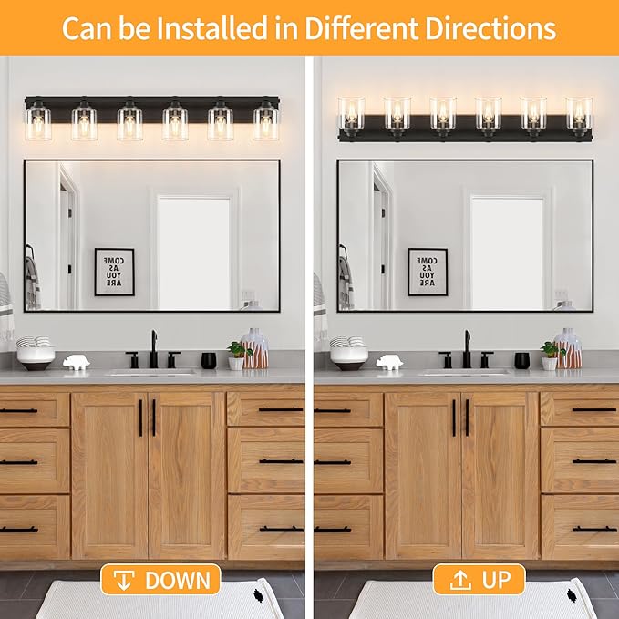 6 Light Modern Bathroom Light Fixtures Over Mirror, Black Vanity Lights for Bathroom Wall Sconces with Clear Glass Shades, E26 Socket (Bulbs Not Included)