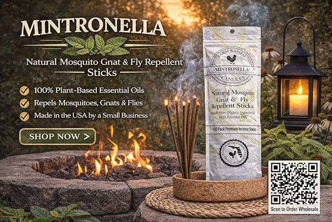 Farm Raised Candles Mintronella Citronella & Peppermint Mosquito Repellent Incense Sticks – 100 Pack – USA‑Made Natural Bug & Insect Repellent – Outdoor Camping, Patio Decor – No‑See‑Um & Gnats, Fly's