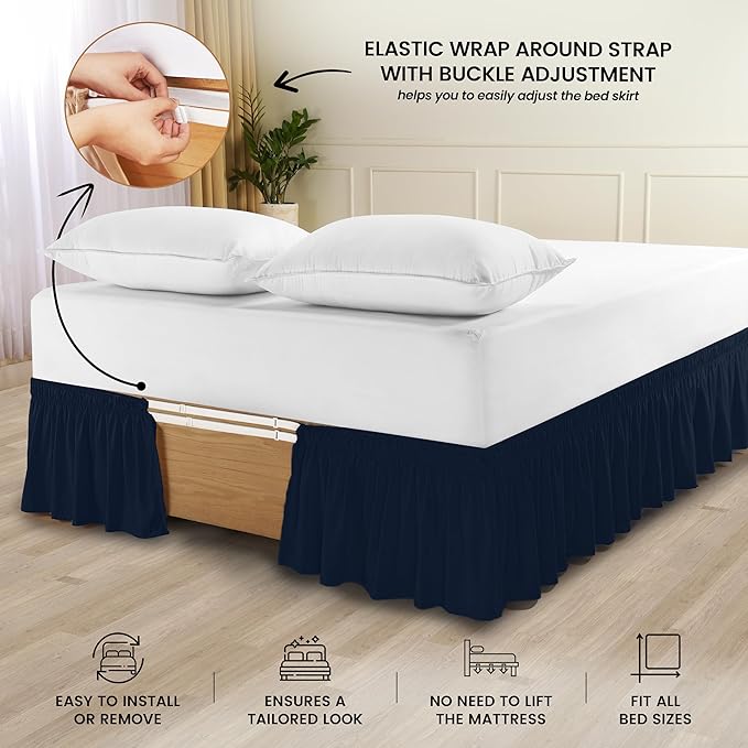 Utopia Bedding King Elastic Bed Ruffle - Easy Wrap Around Ruffle - Microfiber Bed Skirt with Adjustable Elastic Belt 16 Inch Tailored Drop - Hotel Quality Bedskirt, Fade Resistant (King, Navy)